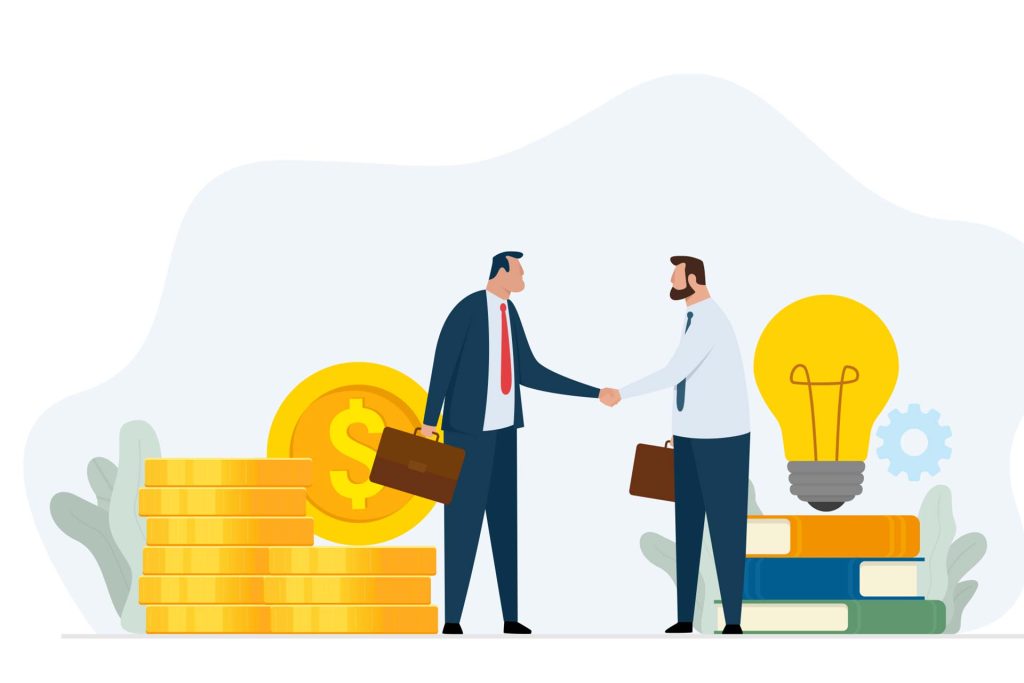 Illustration of two businessmen shaking hands with money, books and lightbulb behind them