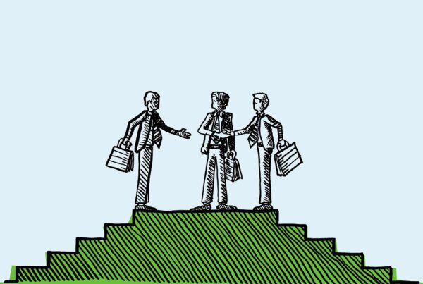 Illustration of 3 people with briefcases, shaking hands on a podium