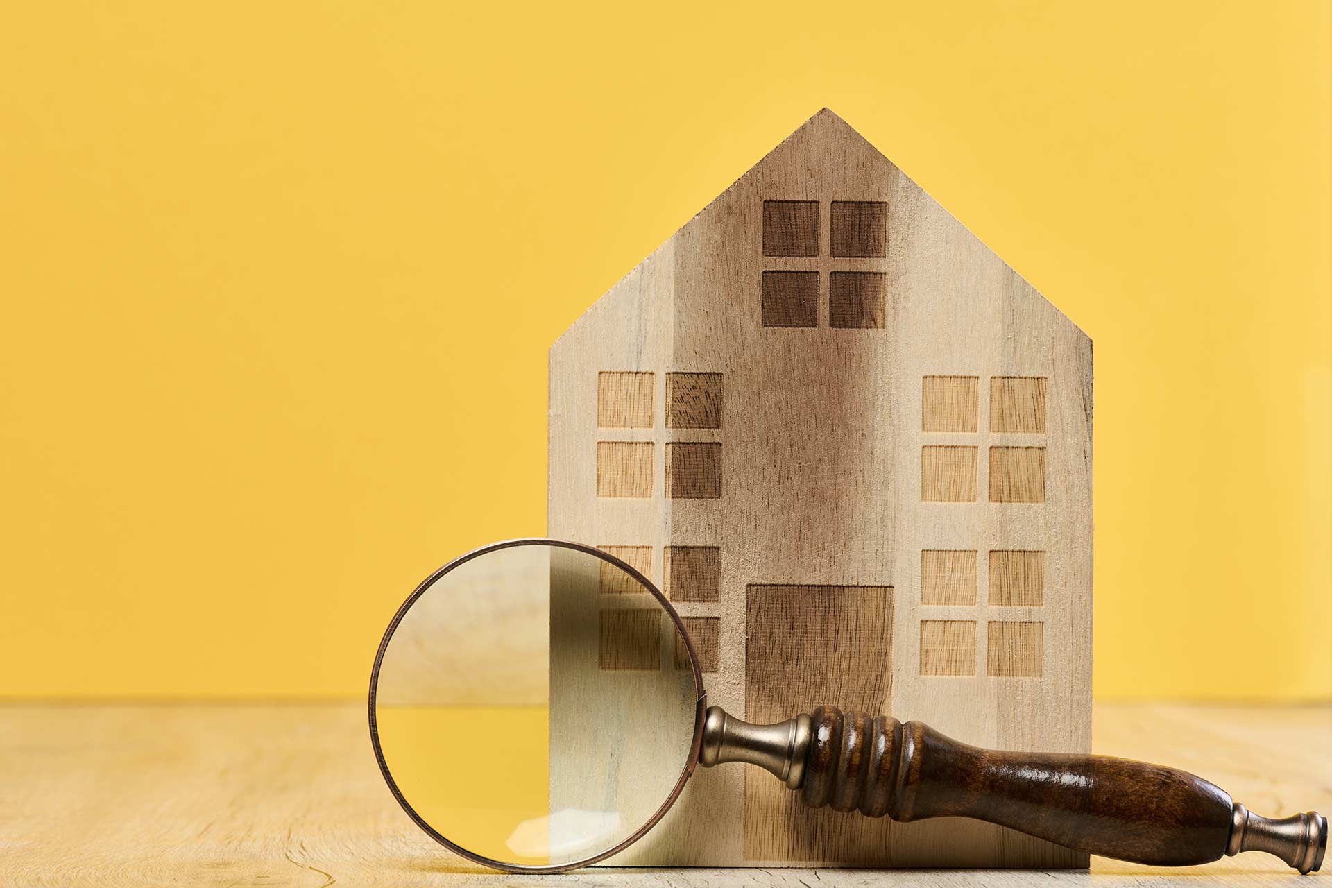 wooden house and magnifying glass