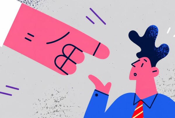 Illustration of large business hand pointing at small business man