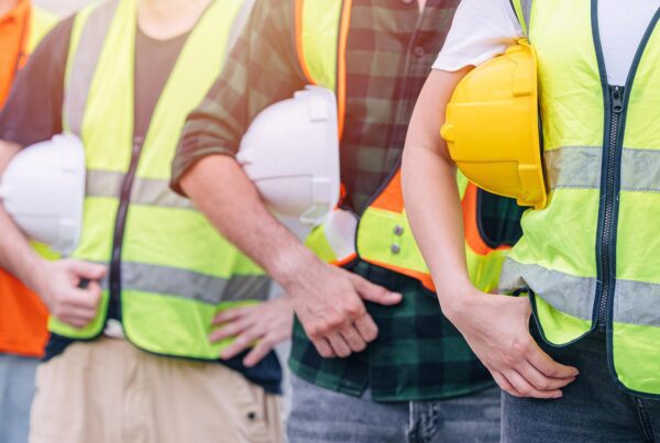Close up of row of people in high vis holding helmets