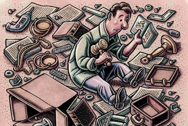 Illustration of man holding gavel surrounded by paperwork