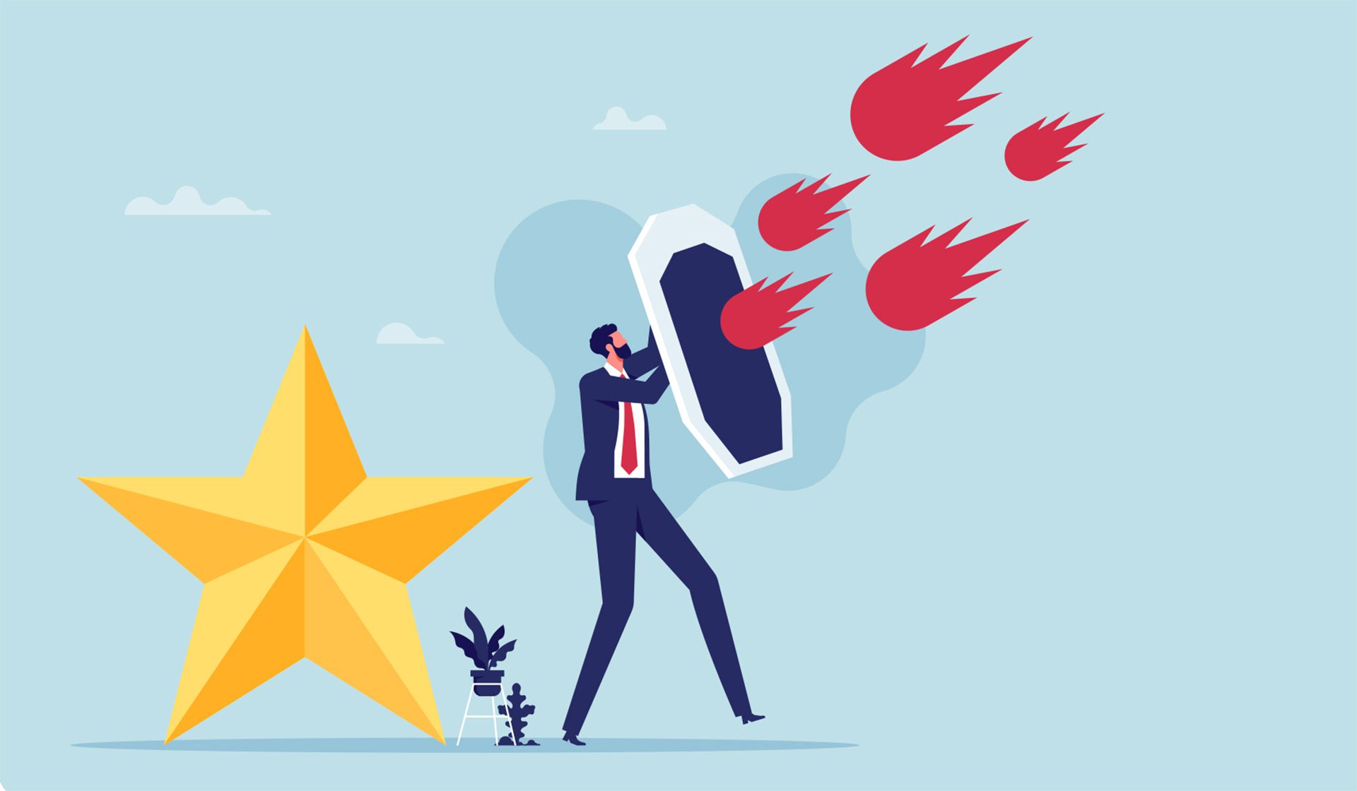 Illustration of business man holidng a shield against meteors